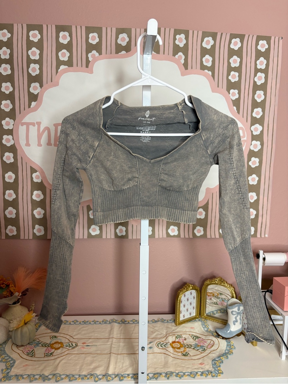 Free People Vintage Wash Gray-Brown Cropped Long Sleeve Top